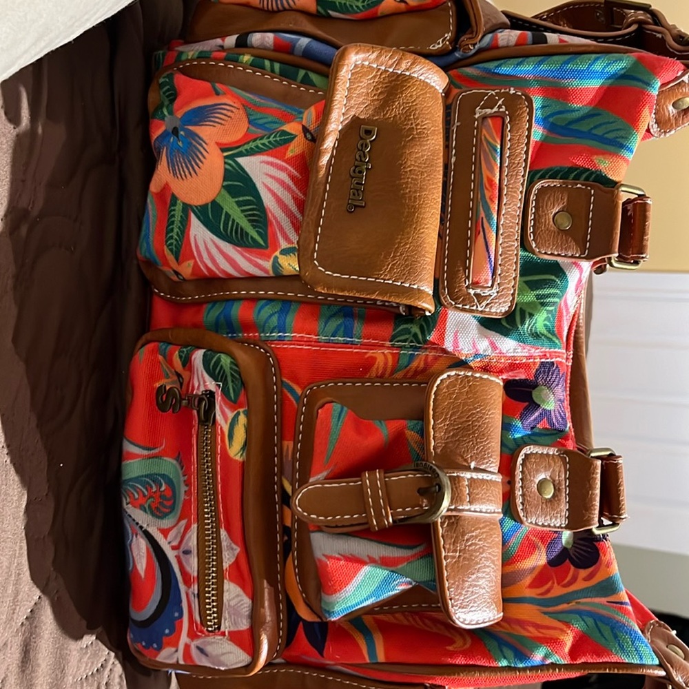 Great condition Desigual bag multi colour with camel leather and top zipper